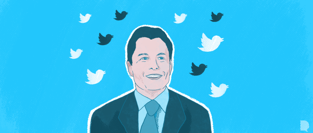 Sur fond bleu, nous observons le visage souriant d'Elon Musk, entouré de petit oiseaux de Twitter