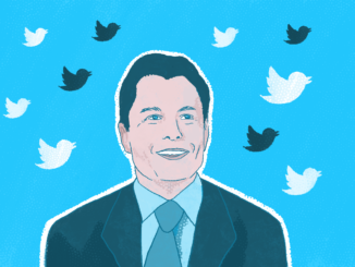 Sur fond bleu, nous observons le visage souriant d'Elon Musk, entouré de petit oiseaux de Twitter