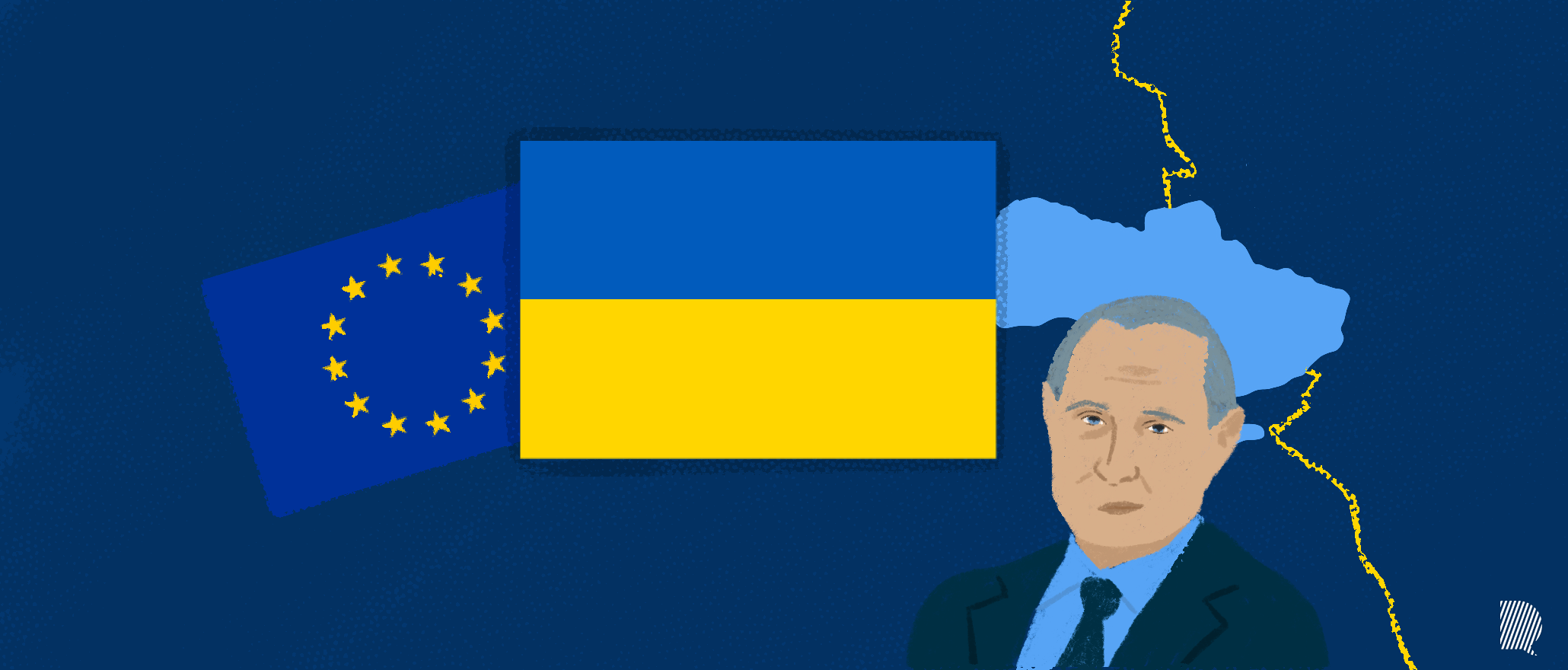 Vladimir Poutine sur fond de drapeau de l'Ukraine et de l'Union Européenne