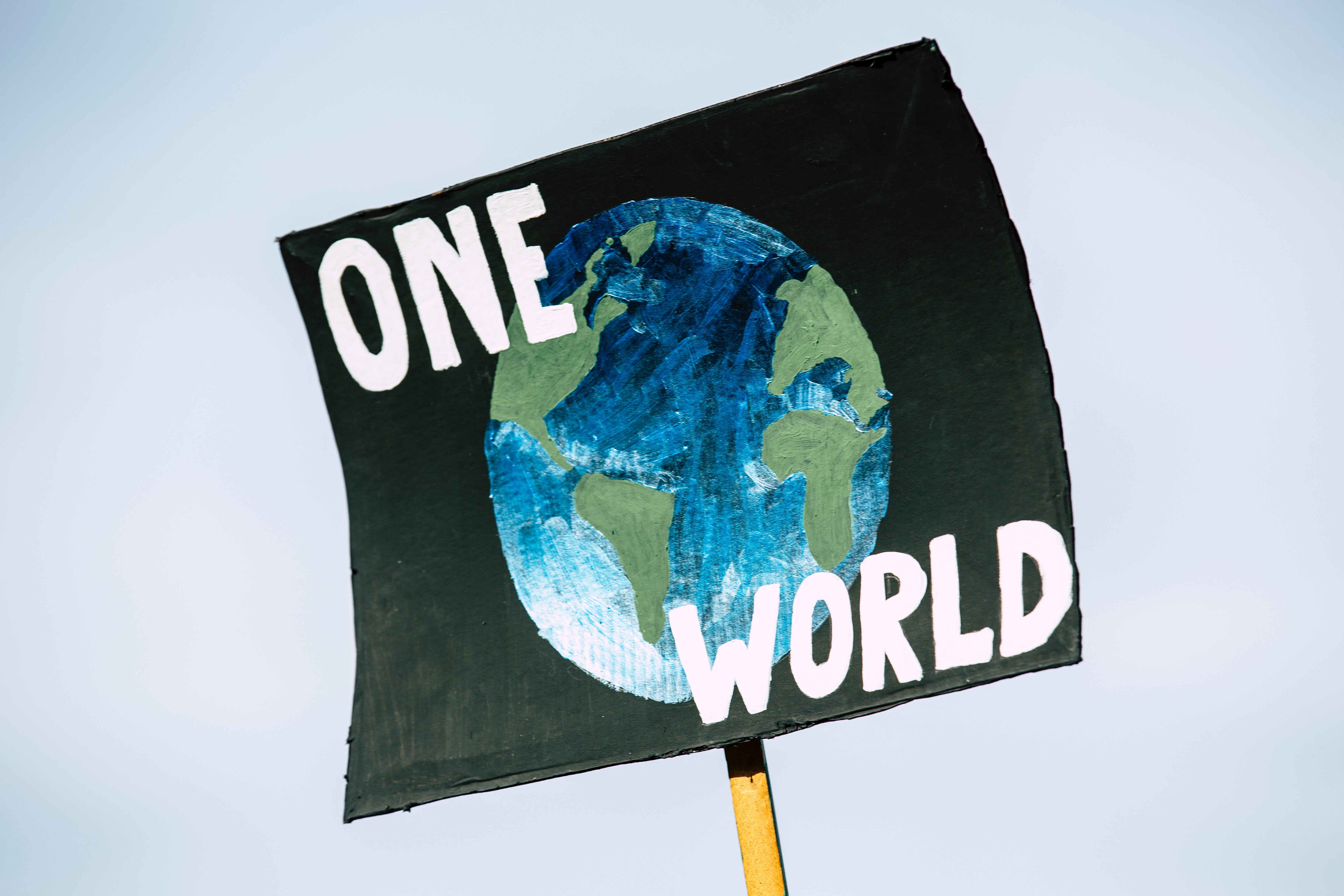 pancarte de manifestation indiquant "one world"